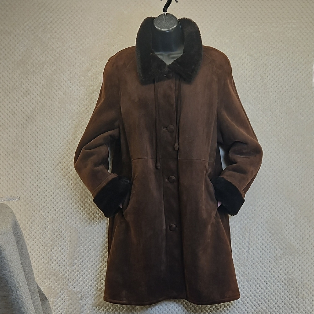 Chocolate Brown Suede Shearling Women's Coat Knee Length VTG Sz 6 Luxurious